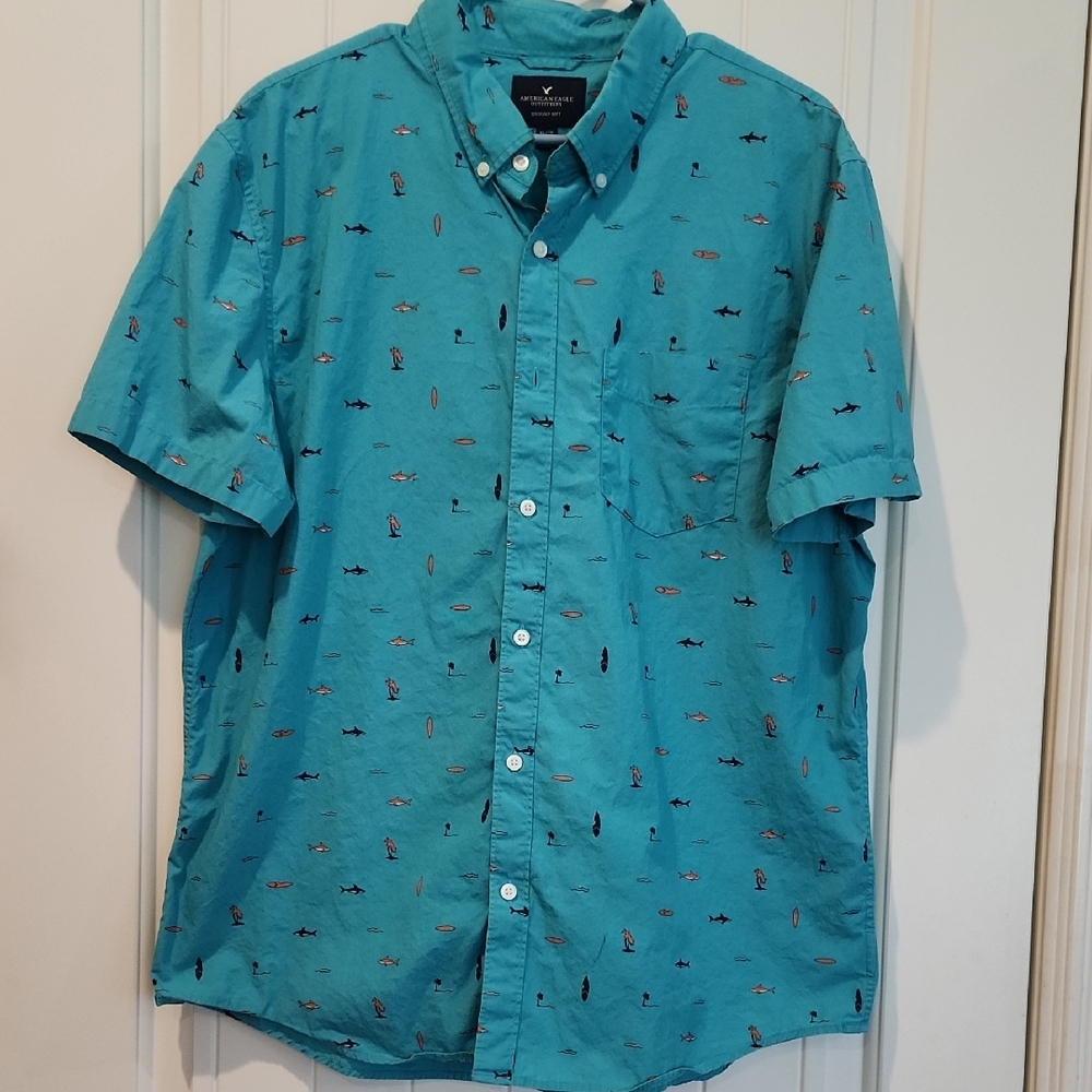 American Eagle Outfitters Blue and Green Casual Button Down Shirt With Sharks.